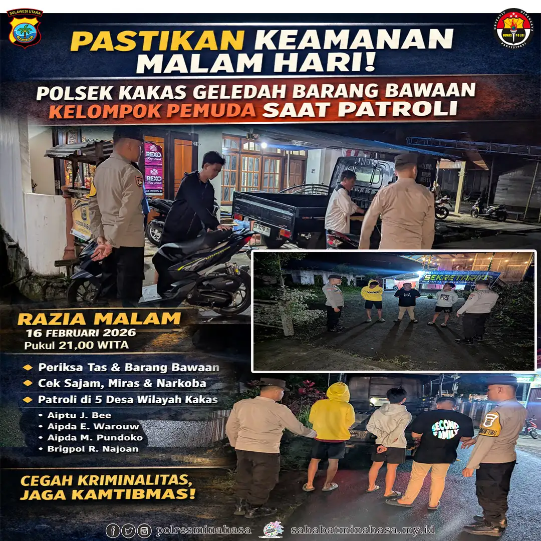 Pastikan Keamanan Malam Hari, Polsek Kakas Geledah Barang Bawaan Kelompok Pemuda saat Patroli